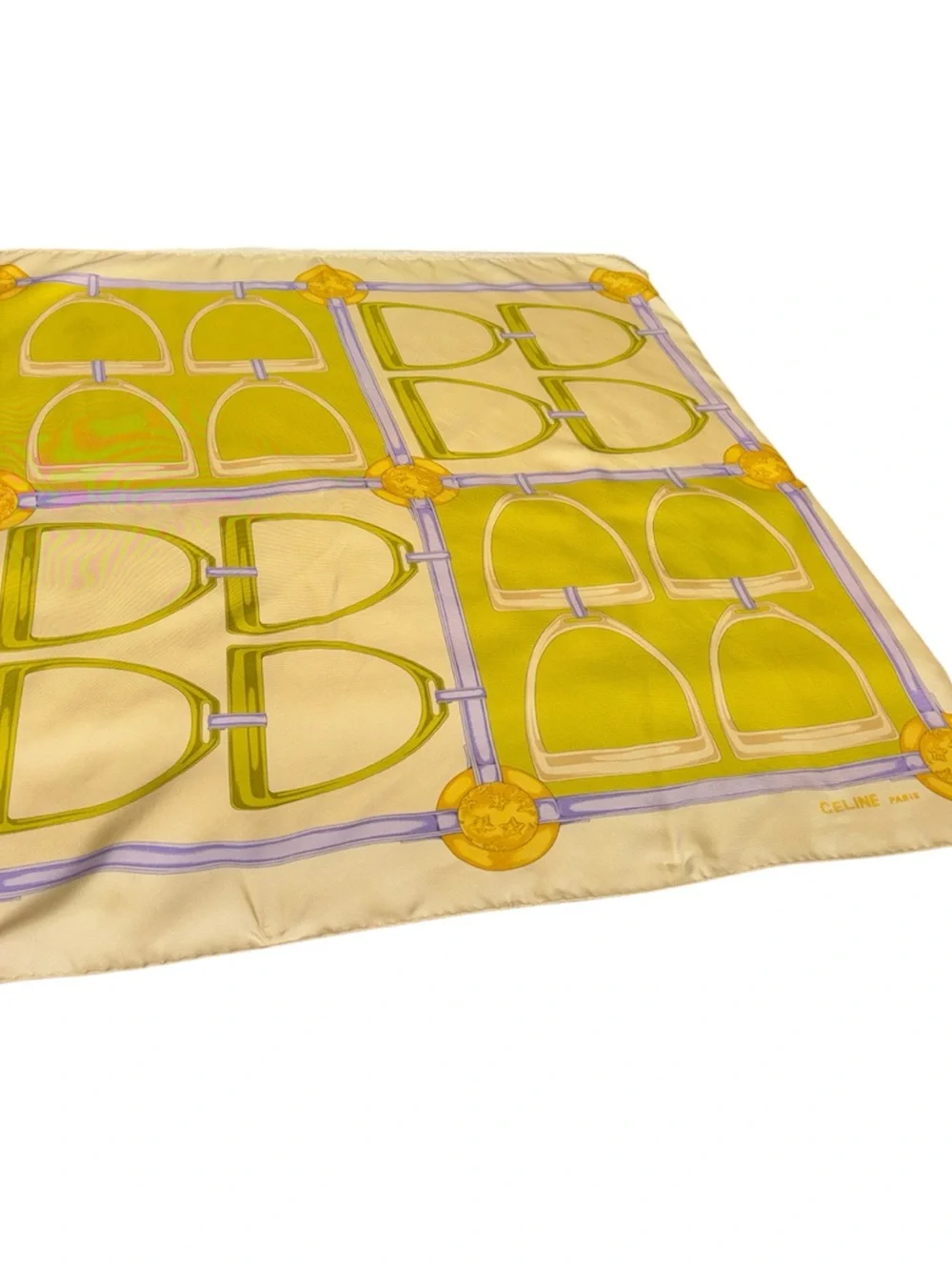 Celine Silk Scarf in Cream, Green & Purple with Gold Motif